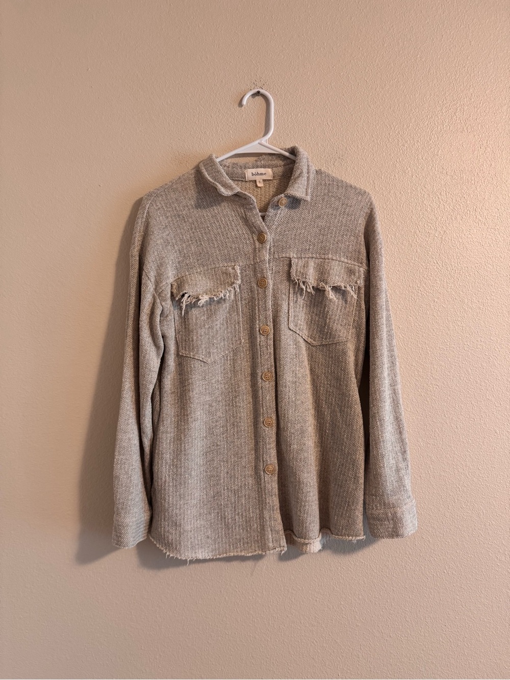 Bohme Casual Button-Down Shirt Jacket in Beige with Frayed Pocket Detail